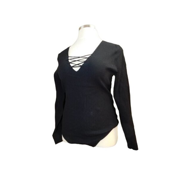 Heyson Size 1X Plus Size Black Ribbed STRETCH Knit Bodysuit Style Top - Picture 2 of 3